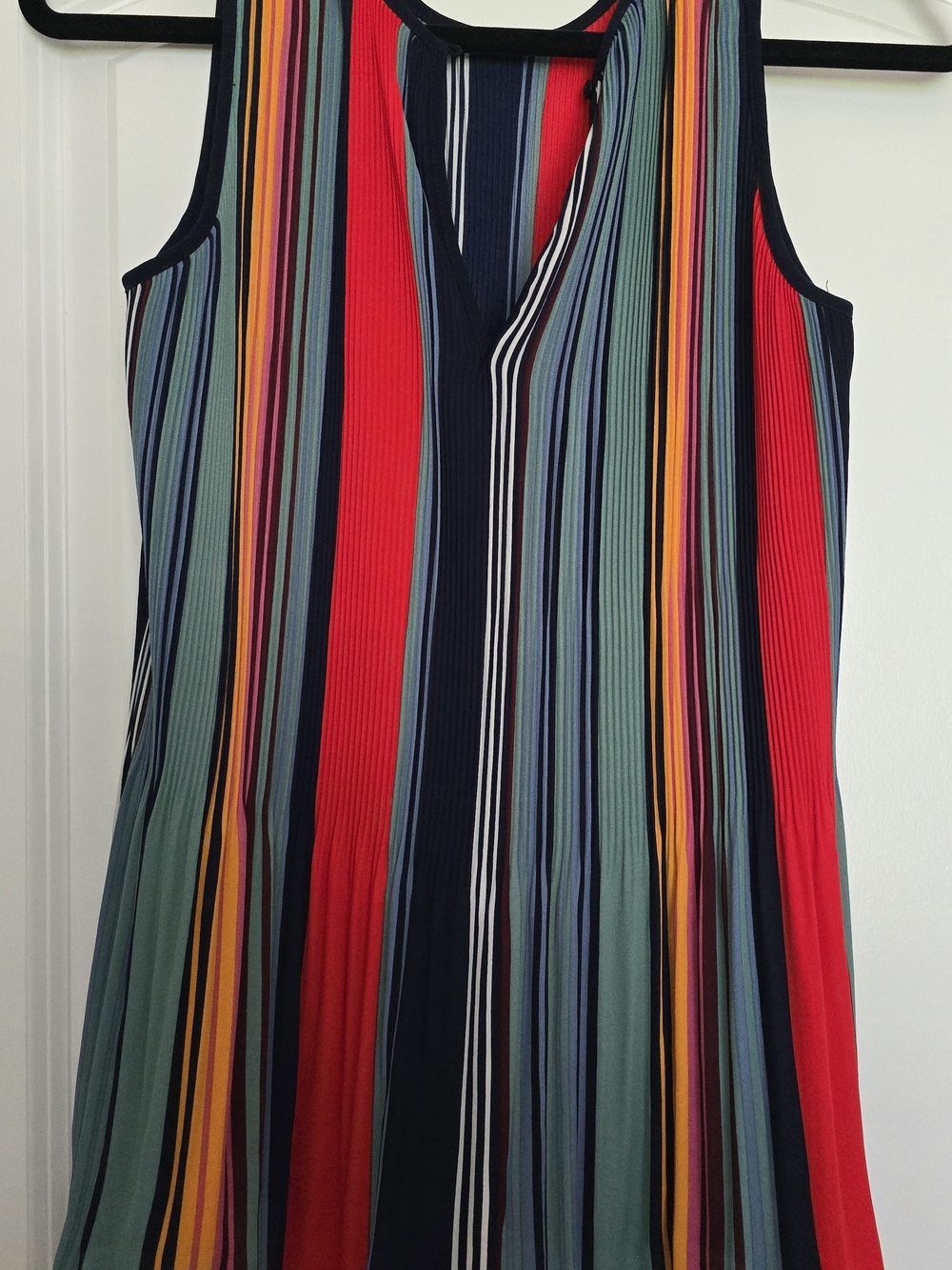 Dalia Multicolor Vertical Stripe Pleated Blouse with Navy Trim